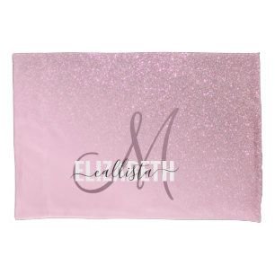 Diagonal Rose Pink Glitter Gradient Ombre Monogram Pillowcase