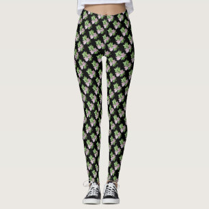 diagonal rows of small pink flowers floral black leggings