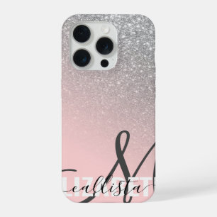 Diagonal Silver Blush Pink Ombre Gradient Monogram iPhone 15 Pro Case