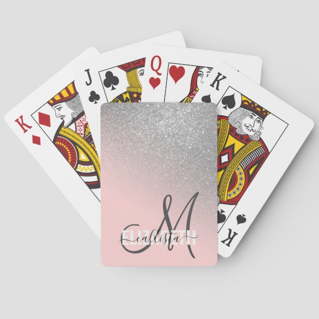 Diagonal Silver Blush Pink Ombre Gradient Monogram Playing Cards (Back)