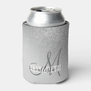 Diagonal Silver Glitter Gradient Ombre Monogram Can Cooler