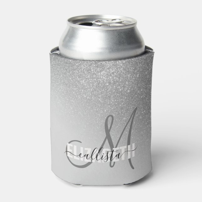 Diagonal Silver Glitter Gradient Ombre Monogram Can Cooler (Can Front)