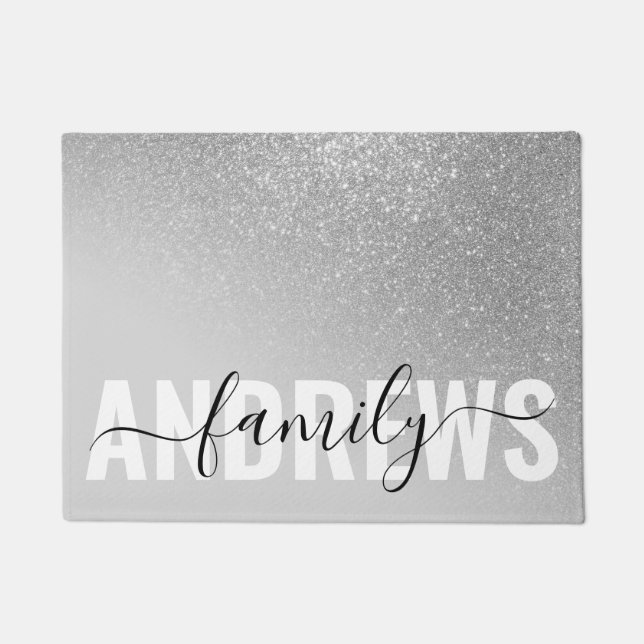Diagonal Silver Glitter Gradient Ombre Monogram Doormat (Front)