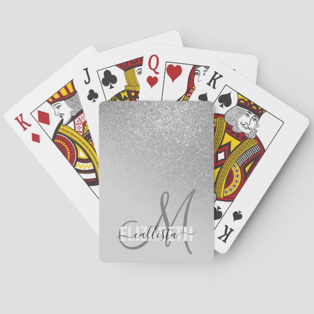Diagonal Silver Glitter Gradient Ombre Monogram Playing Cards (Back)