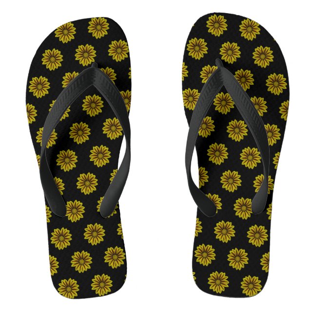 diagonal small yellow sunflowers against black flip flops (Footbed)