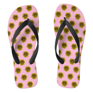 diagonal small yellow sunflowers against pink flip flops