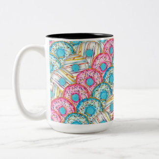 Diagonal stacked watercolor doughnuts on teal Two-Tone coffee mug