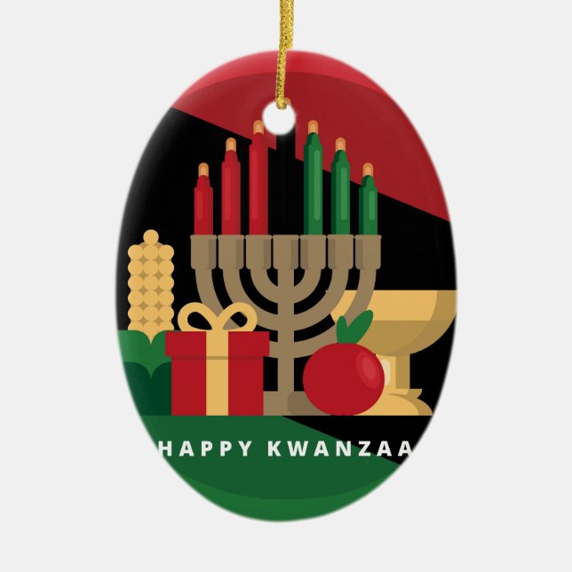 diagonal stripe Happy Kwanzaa Ceramic Tree Decoration (Front)