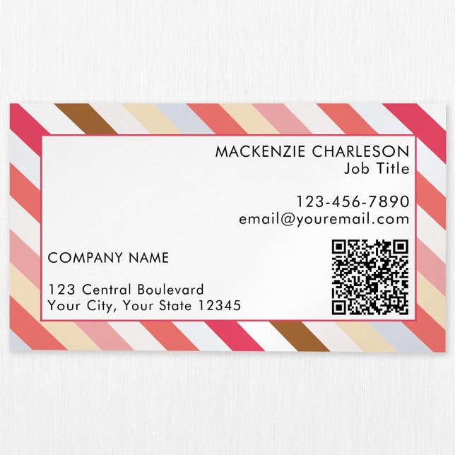 Diagonal Stripe Modern QR Code Magnetic Business Card (Diagonal candy stripe business card magnet with QR code in muted colors.)