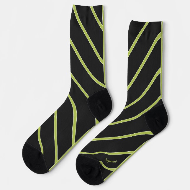 Diagonal striped acid green on black modern socks (Left)