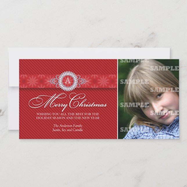 Diagonal Striped Monogram Christmas Photo Card (Front)