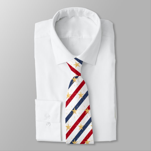Diagonal Striped Red White Blue Gold Star Spangled Tie (Tied)