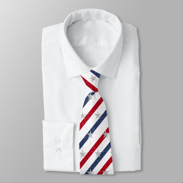 Diagonal Striped Red White & Blue Star Spangled Tie (Tied)