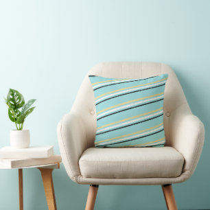 Diagonal Stripes – Aqua Teal, Gold, Black & White  Cushion
