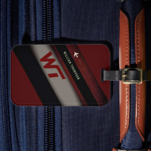 Diagonal Stripes cool Monogrammed dark red Luggage Tag