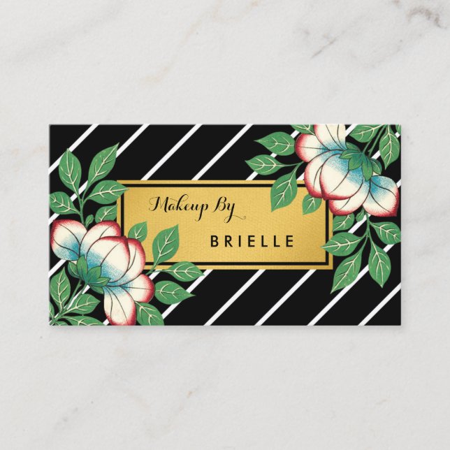 Diagonal Stripes Floral Faux Gold Makeup Artist Business Card (Front)