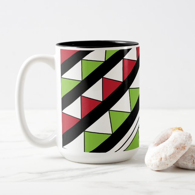 Diagonal Stripes Green Yellow Triangles Modern Two-Tone Coffee Mug (With Donut)