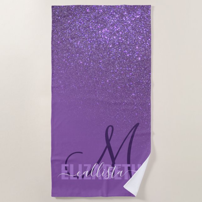 Diagonal Violet Purple Glitter Gradient Ombre Beach Towel (Front)