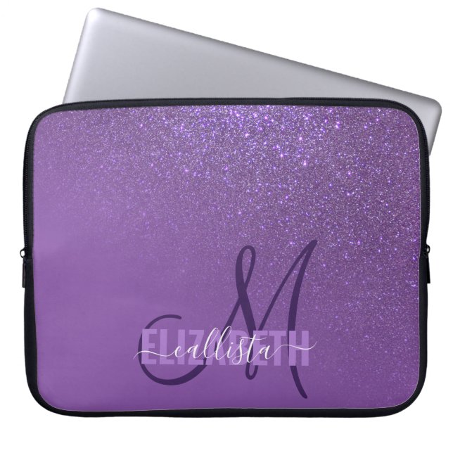 Diagonal Violet Purple Glitter Gradient Ombre Laptop Sleeve (Front)