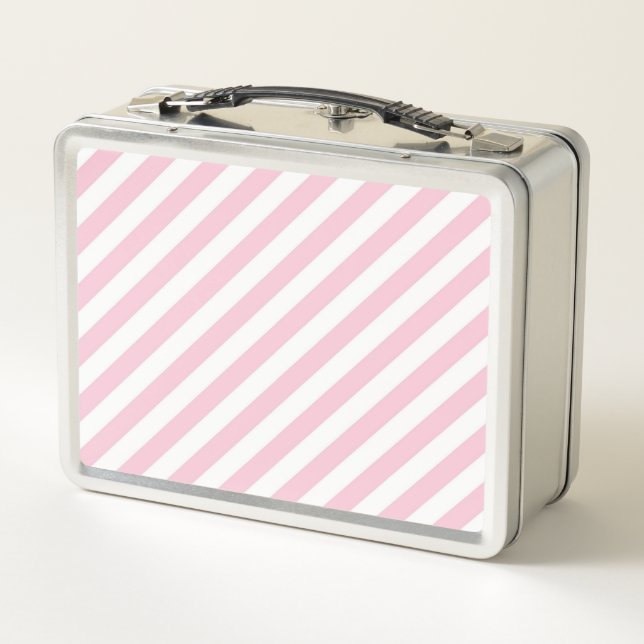 Diagonal white and pink stripes pattern metal lunch box (Back)