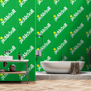 Diagonal White Yellow PICKLEBALL On Bright Green Wallpaper