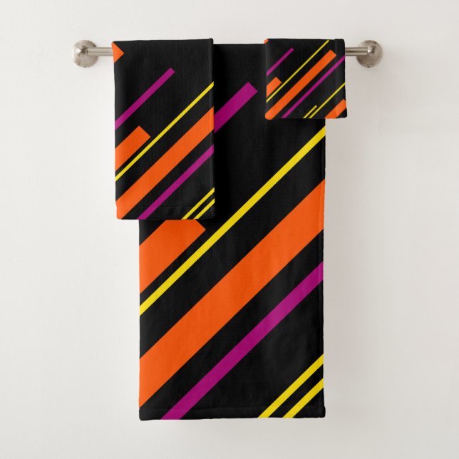 Diagonals - Black, Pink, Orange and Yellow Bath Towel Set (Insitu)