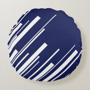 Diagonals - Blue and White Round Cushion