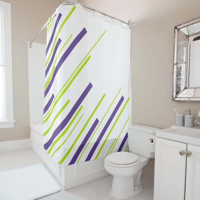 Diagonals in Lime Green and Purple Shower Curtain (In Situ)