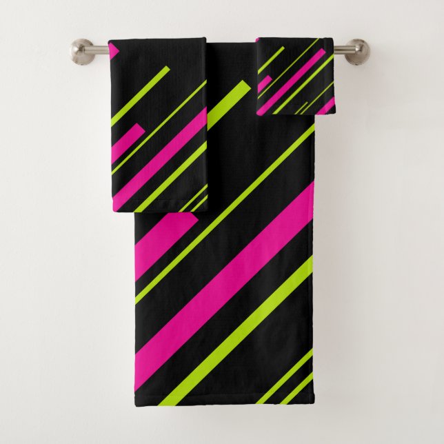 Diagonals in Lime Green, Hot Pink and Black Bath Towel Set (Insitu)