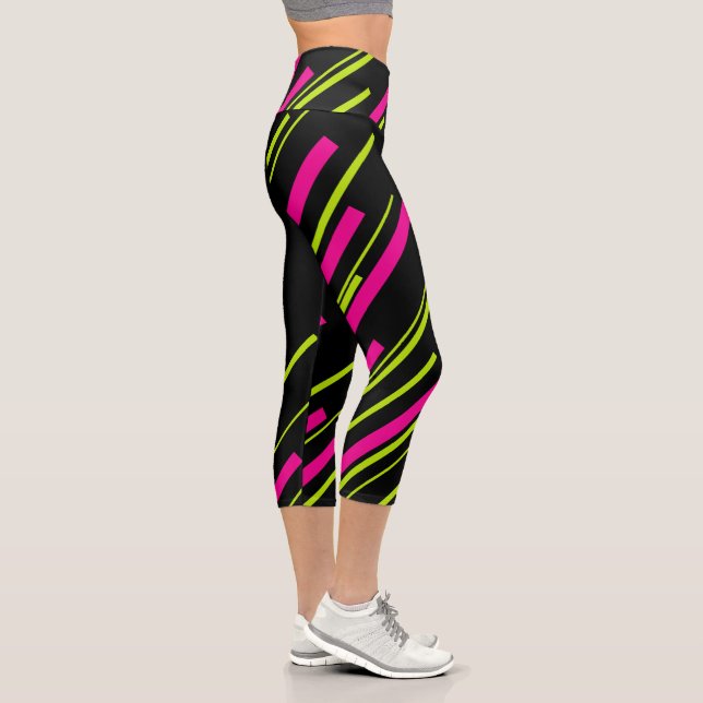 Diagonals in Lime Green, Hot Pink and Black Capri Leggings (Right)