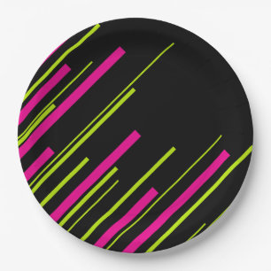 Diagonals in Lime Green, Hot Pink and Black Paper Plate