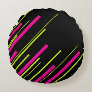 Diagonals in Lime Green, Hot Pink and Black Round Cushion