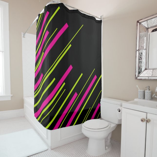 Diagonals in Lime Green, Hot Pink and Black Shower Curtain (In Situ)