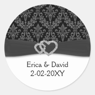 diamante damask charcoal wedding classic round sticker