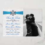 Diamante Snowflake & Blue Ribbon Winter Wedding<br><div class="desc">Celebrate in style with these elegant and very trendy real foil pressed wedding save the date photo cards. The design is easy to personalise with your own wording and a photo of your choice and your guests will be thrilled when they receive these fabulous save the date cards. Matching wedding...</div>