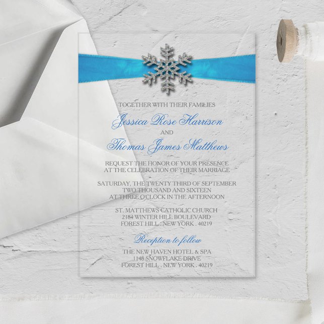 Diamante Snowflake & Blue Ribbon Winter Wedding Acrylic Invitations (Creator Uploaded)