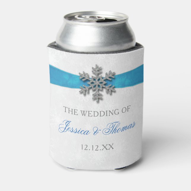 Diamante Snowflake & Blue Ribbon Winter Wedding Can Cooler (Can Back)
