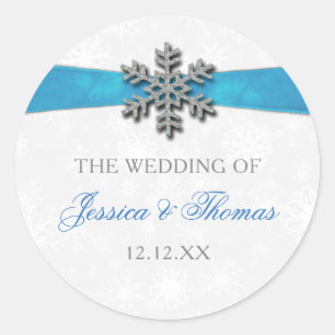 Diamante Snowflake & Blue Ribbon Winter Wedding Classic Round Sticker