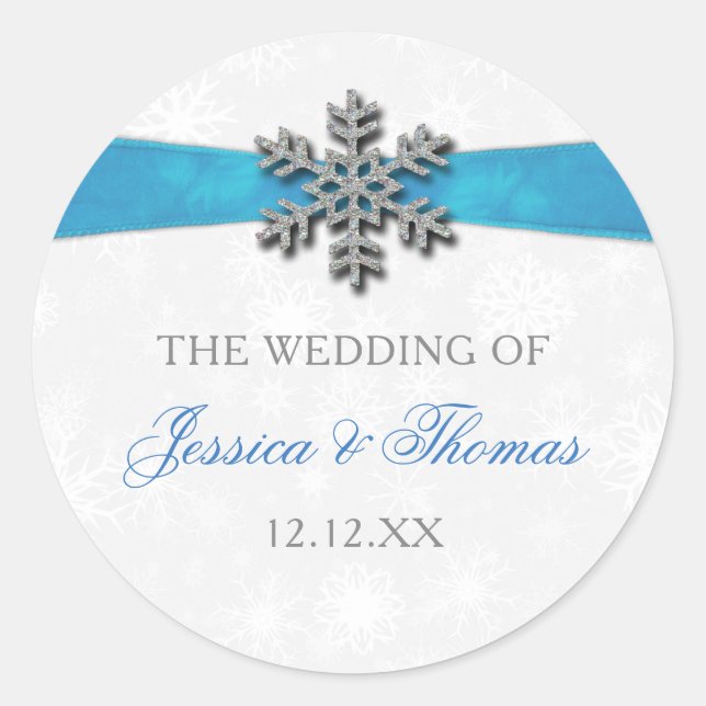 Diamante Snowflake & Blue Ribbon Winter Wedding Classic Round Sticker (Front)