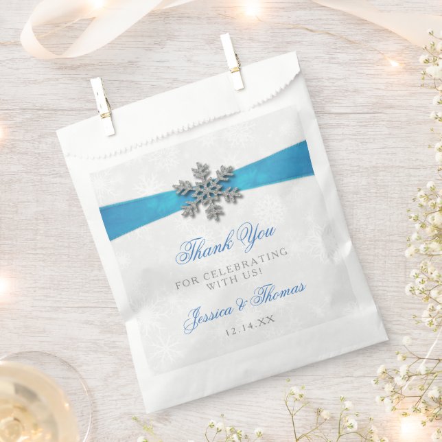 Diamante Snowflake & Blue Ribbon Winter Wedding Favour Bags (Clipped)