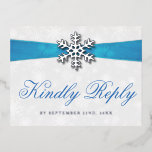 Diamante Snowflake & Blue Ribbon Winter Wedding Foil Invitation Postcard<br><div class="desc">Celebrate in style with these elegant winter wedding real foil pressed RSVP postcards. This design is easy to personalise with your own wording and your guests will be thrilled when they receive these fabulous postcards.</div>