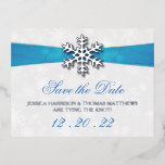 Diamante Snowflake & Blue Ribbon Winter Wedding Foil Invitation Postcard<br><div class="desc">Celebrate in style with these elegant winter wedding real foil pressed save the date postcards. This design is easy to personalise with your names and wedding date and your guests will be thrilled when they receive these fabulous postcards.</div>