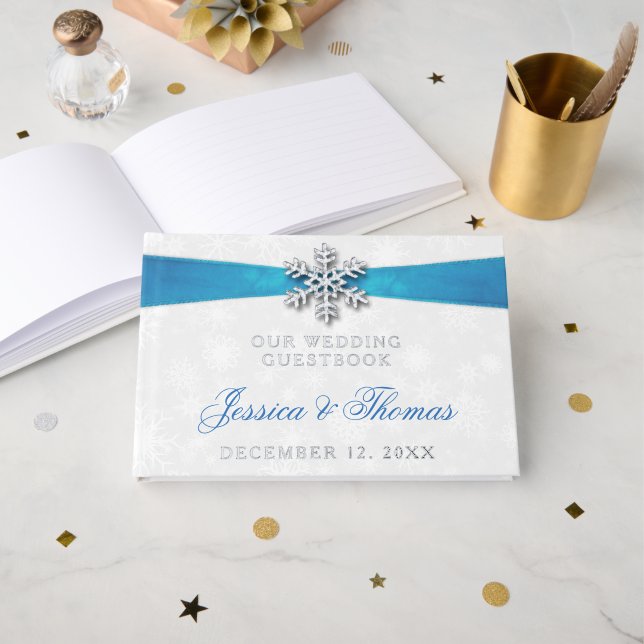 Diamante Snowflake & Blue Ribbon Winter Wedding Guest Book (Front Open)