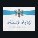 Diamante Snowflake & Blue Ribbon Winter Wedding Invitation Postcard<br><div class="desc">The diamante snowflake & blue ribbon wedding collection is perfect for any couple planning a romantic winter wedding celebration. The design features a light silvery grey and white snowflake textured background with a diamante snowflake on top of a silky looking ribbon. The wording incorporates the same silvery grey and blue...</div>