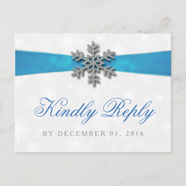 Diamante Snowflake & Blue Ribbon Winter Wedding Invitation Postcard (Front)