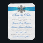Diamante Snowflake & Blue Ribbon Winter Wedding Magnet<br><div class="desc">The diamante snowflake & blue ribbon wedding collection is perfect for any couple planning a romantic winter wedding celebration. The design features a light silvery grey and white snowflake textured background with a diamante snowflake on top of a silky looking ribbon. The wording incorporates the same silvery grey and blue...</div>