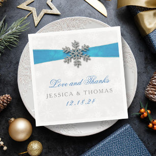 Diamante Snowflake & Blue Ribbon Winter Wedding Napkin