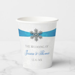 Diamante Snowflake & Blue Ribbon Winter Wedding Paper Cups