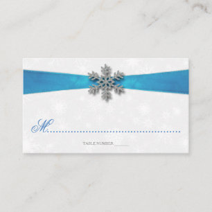 Diamante Snowflake & Blue Ribbon Winter Wedding Place Card