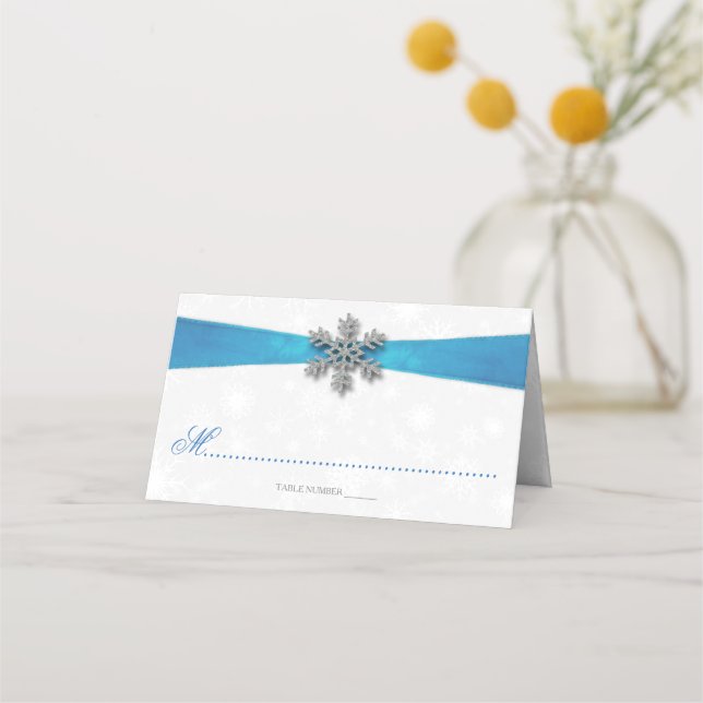 Diamante Snowflake & Blue Ribbon Winter Wedding Place Card (Front)
